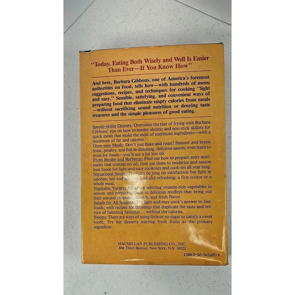 The Light‎ and Easy Cookbook Barbara Gibbons 1980 HC w Dust Jacket